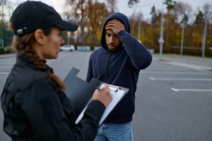 Upset man and police woman issuing fine